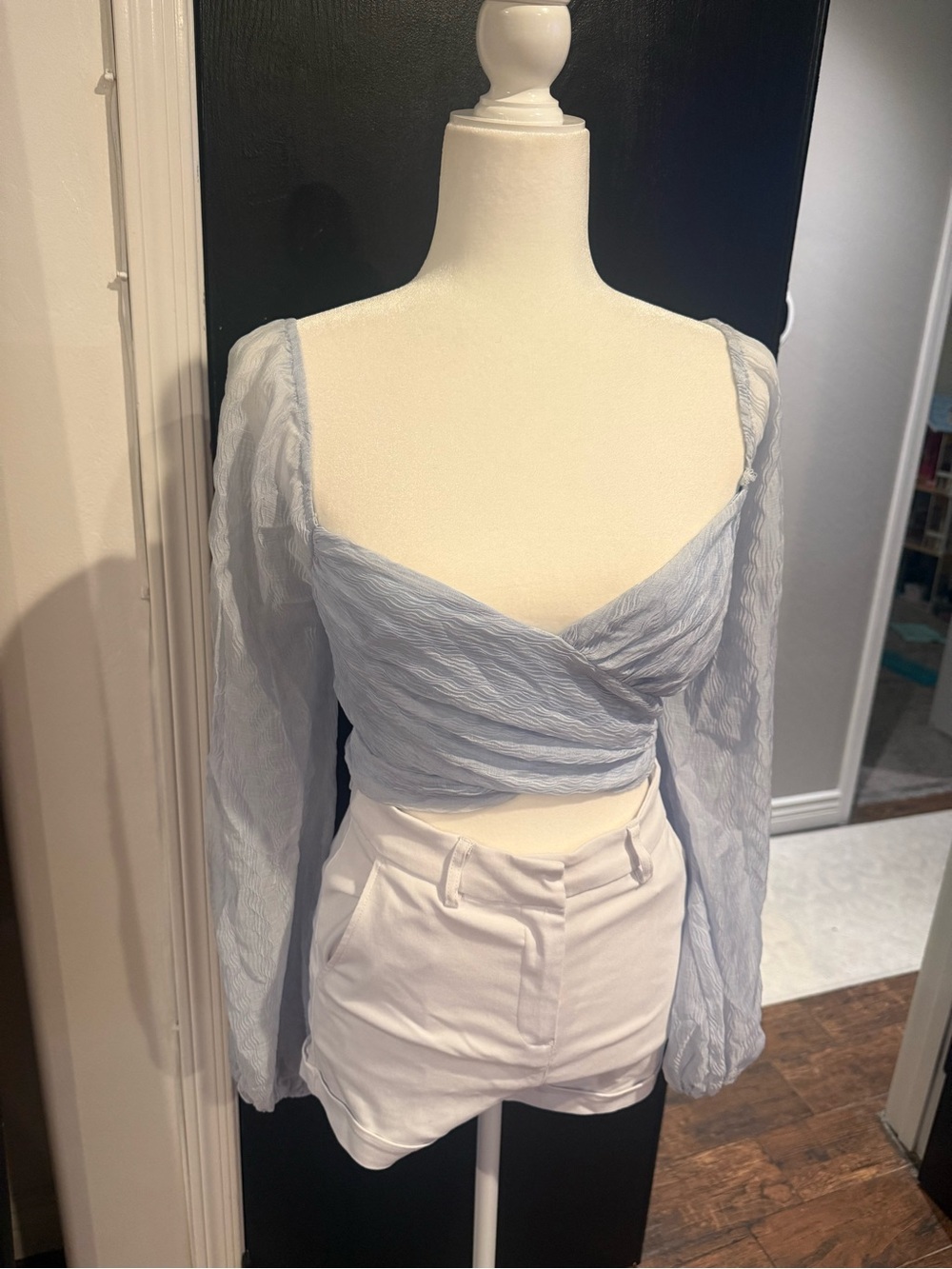 Light Blue Wrap Front Long Sleeve Crop Top